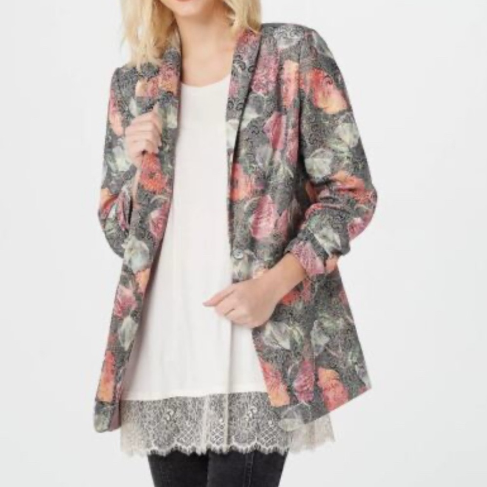 LOGO Lavish by Lori Goldstein Women Woven Ruched Sleeve Blazer w/ Foil Size S